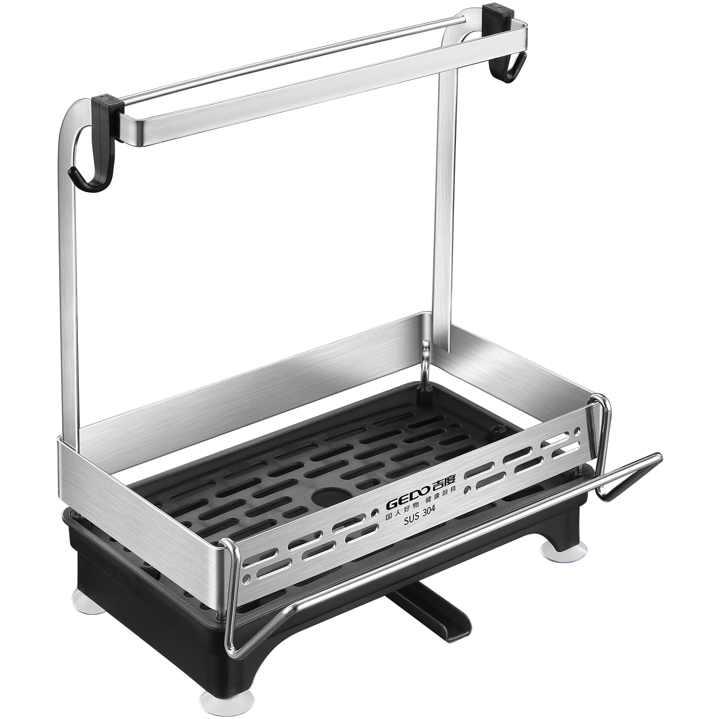 

LFGB Certification 304 Stainless Steel Kitchen Organizer Durable Kitchenware Storage Rack with Suction Cup Base Diversion Tube