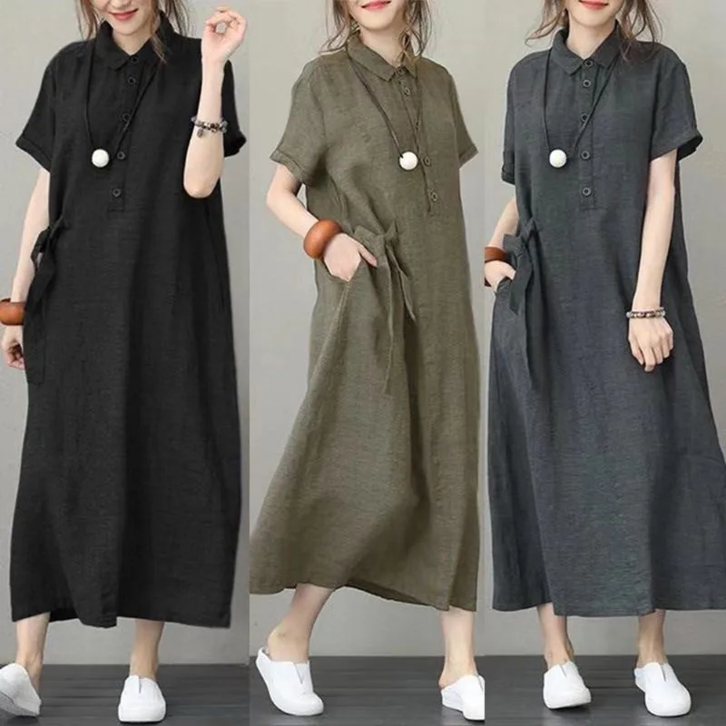 

Women's Retro Cotton Linen Lapel Dress Soft Loose Breathable Short-sleeved Maxi Dress OL Work Commuter Dress Streetwear