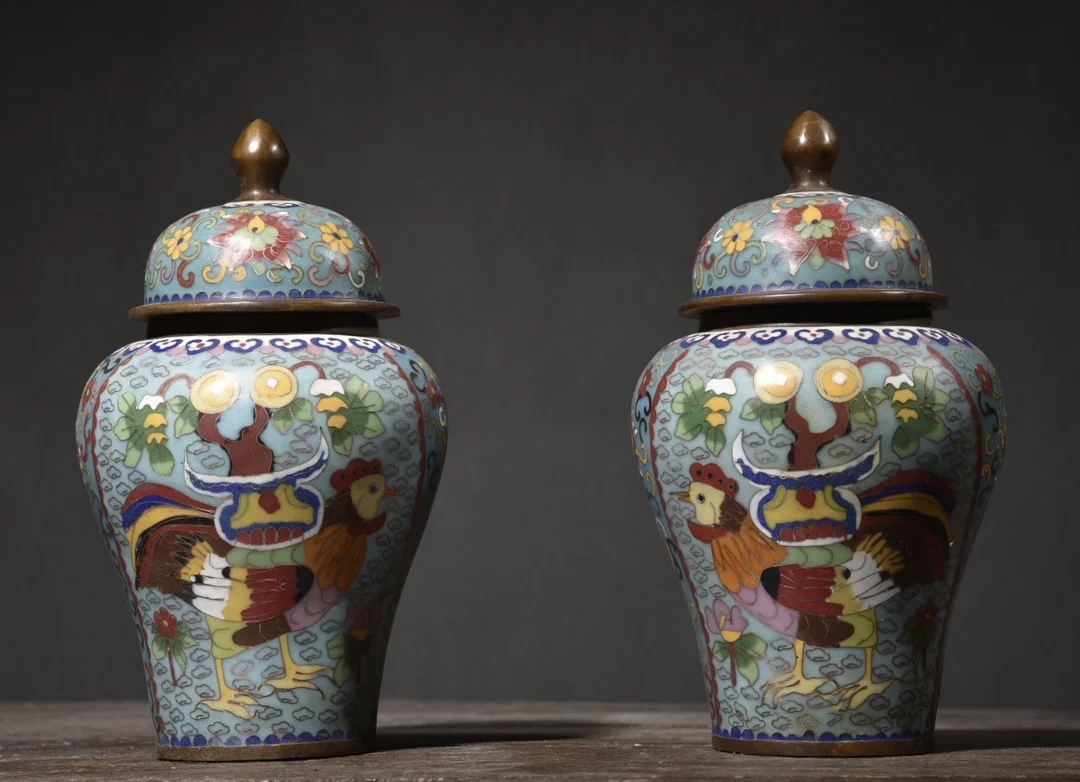 

10"Tibetan Temple Collection Old Bronze Cloisonne Enamel Floral Texture General Jar Canister A pair Amass wealth Ornaments