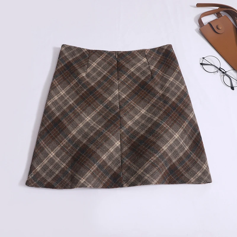 Women New Vintage Tweed Plaid Skirt Versatile High Waist Zipper Mini A-line Skirt With Anti Glare Female Slim Bodycon Skirt