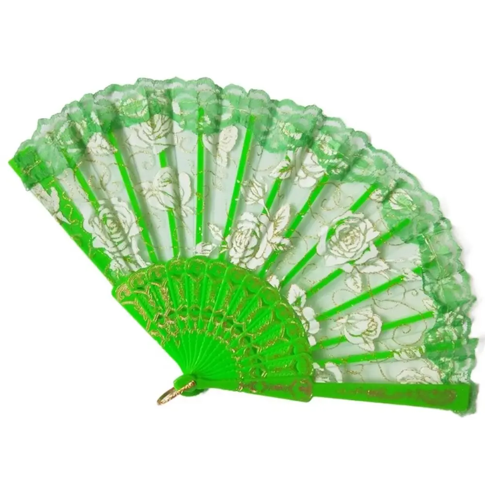 Craft Handheld Ladies Lace Hand Fan Plastic Handle Rose Pattern Dance Fan Translucent Spanish Fan Gift