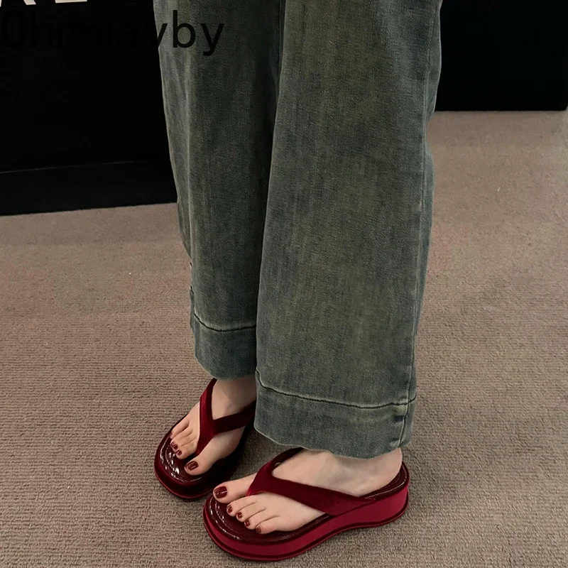 2024 Summer Clip Toe Women Slippers Fashion Elegant Thick Bottom Slides Shoes Ladies Outdoor Wedges Sandalias Flip Flop