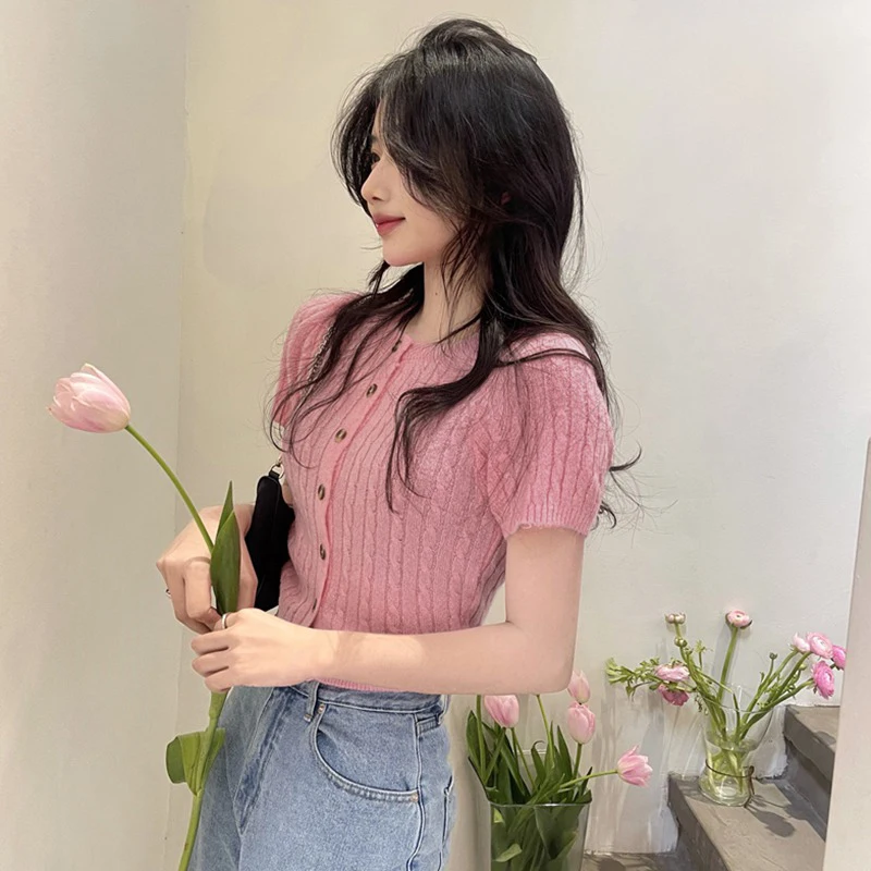 Summer Women Knitted Cardigan Female Korean Slim Top Thin Short Section Short-sleeved Top Solid Color Simple Tops