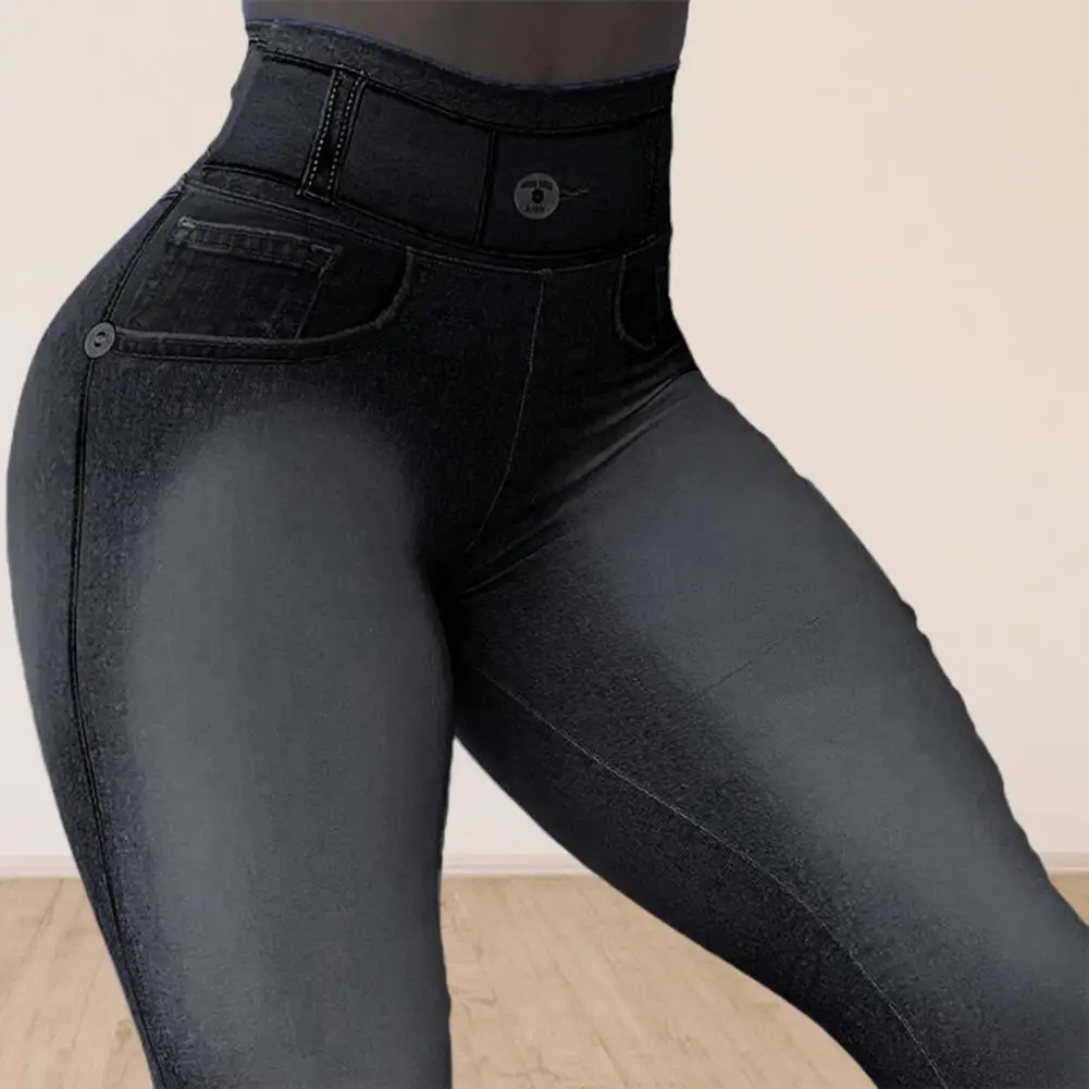 gh Waist Pockets Tummy Control Butt Lifting Fitness Leggings Gradient Color Push Up Imitation- Jeans Skinny Women Yoga Pants