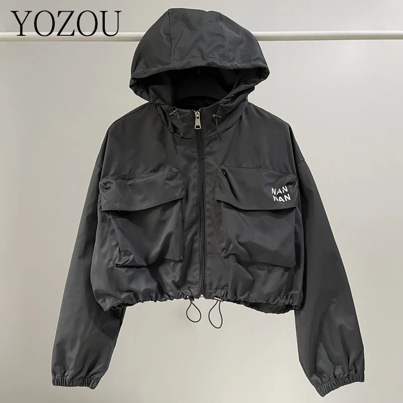 [YOZOU] Autumn Gorpcore Oversized Cargo Hooded Windbreaker Black Short Cropped Zipper Outdoor Jackets Outwear Bomber Coat Khaki