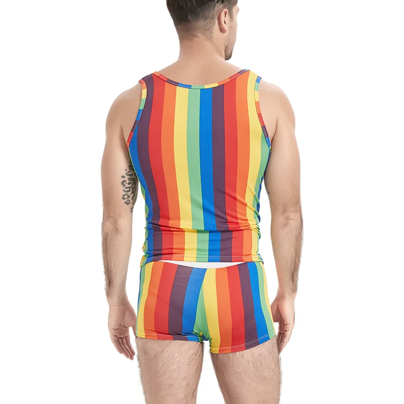 2-piece men\'s pajamas suit with rainbow stripes printed sleeveless exercise vest undershirt in summer and tight sexy suit at hom