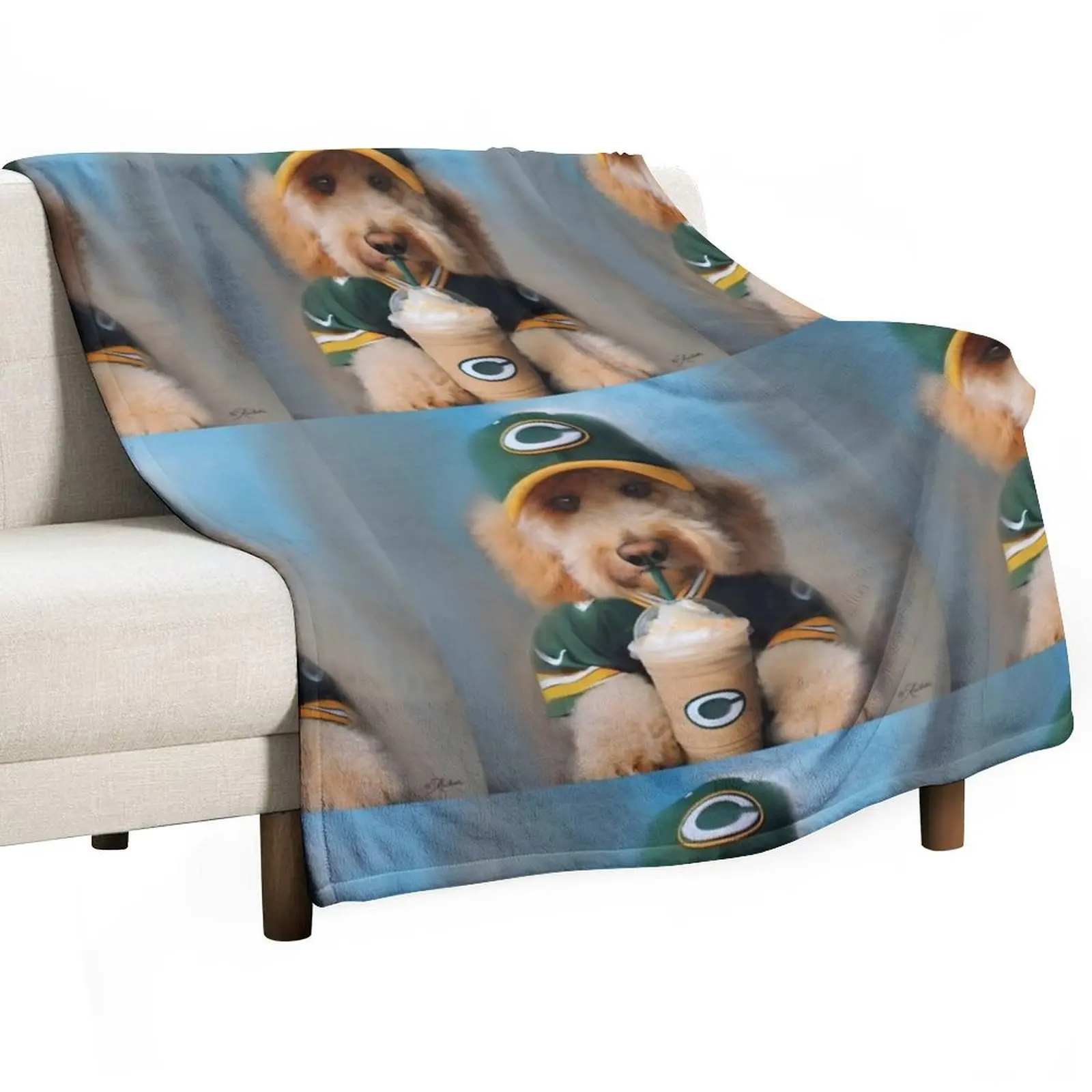 Funny Coffee Drinking Labradoodle Dog in Baseball Hat and Football Shirt Throw Blanket for babies Hair Blankets