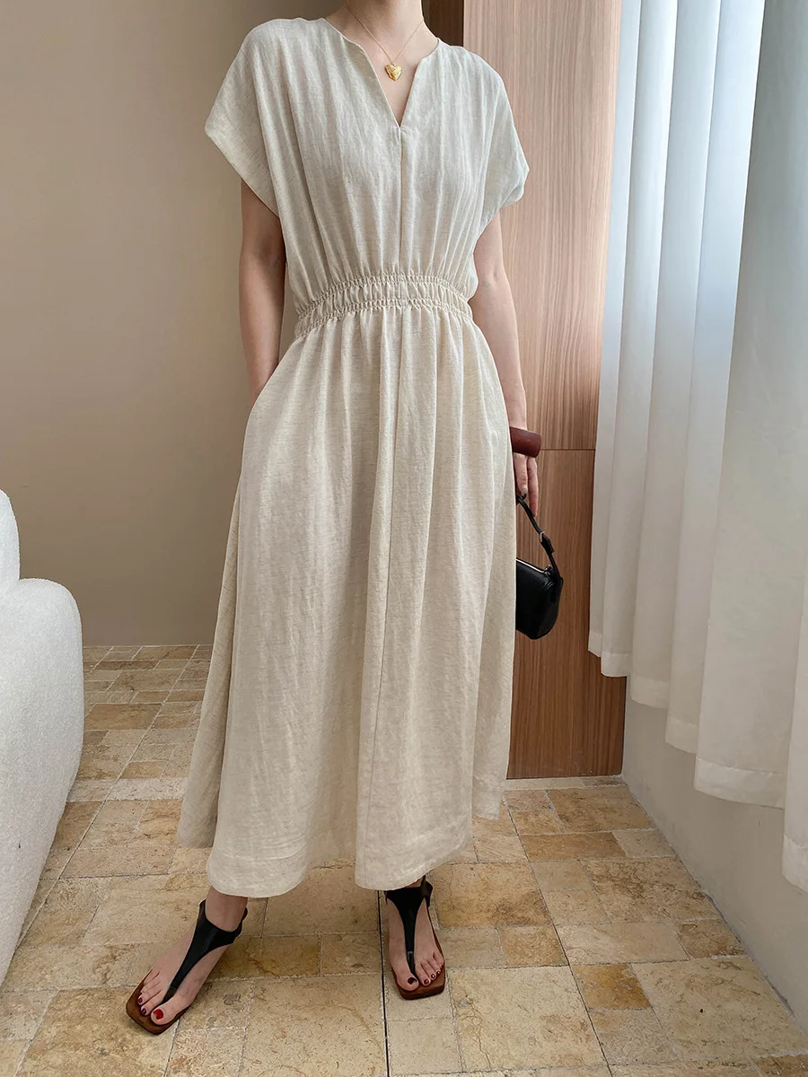 

Spring and summer women's casual solid color V-neck short sleeved slim fit dress