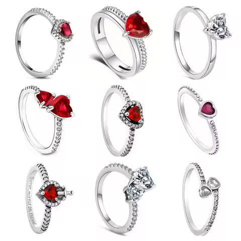 New 925 Sterling Silver Red Heart Stone Size 6 7 8 9 Love Ring Fine Rings Wedding Valentine's Day Fashion Jewelry For Women Gift