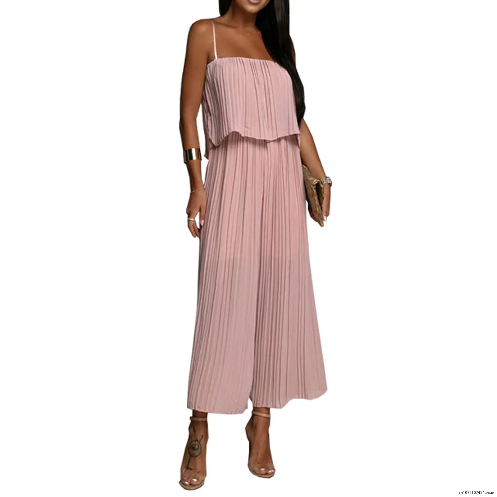 2023 Summer Elegant Solid Ruffles Pleated Jumpsuits Fashion Pleated Sling Top-Layer Loose Long Romper Ladies Wide Leg Jumpsuits