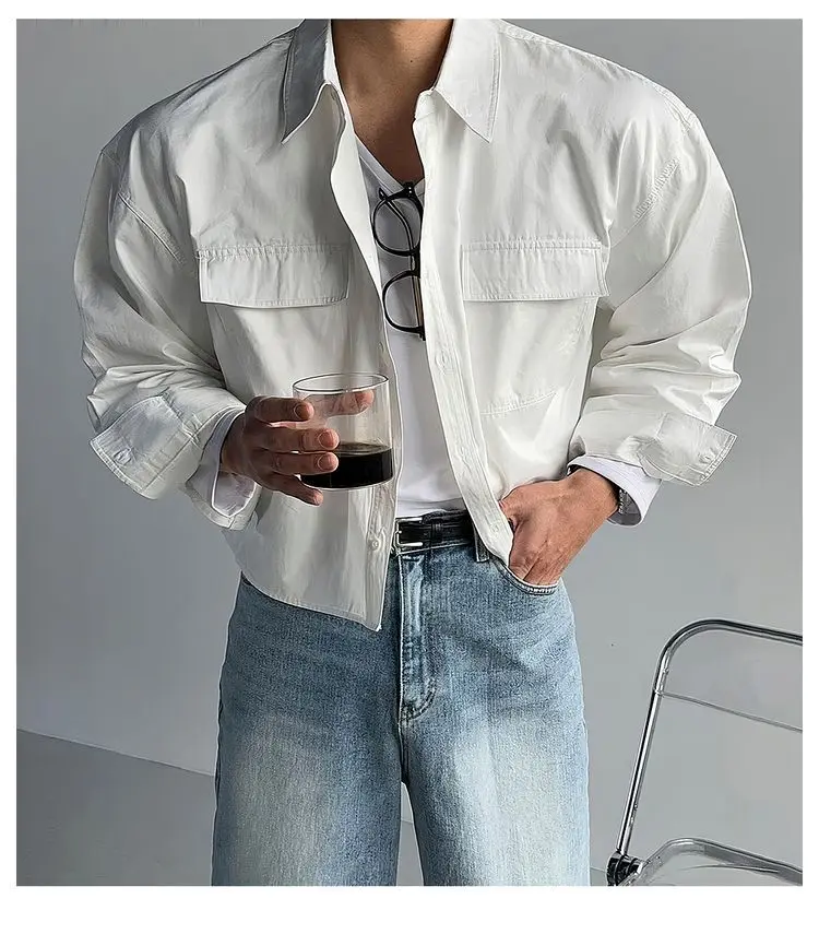 Short Long Sleeved Shirt Jacket for Men in Autumn with Double Pockets and A Lapel Cardigan Shirt