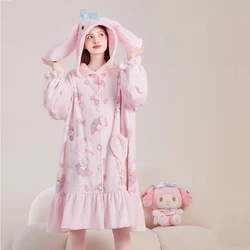 Women Robes Cute My Melody Cartoon Hooded Robes Warm Pajamas Coral Flannel Nightdress Girls Sweet Casual Nightgown Homewear