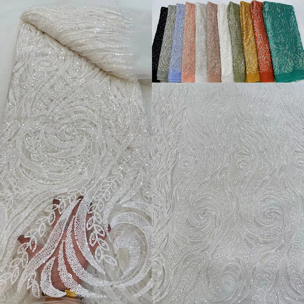 

Sinya Popular Wedding Party Evening Bridal Asoebi Heavy Dress Lace Luxury White African Nigerian Sequins Beaded Lace Fabric