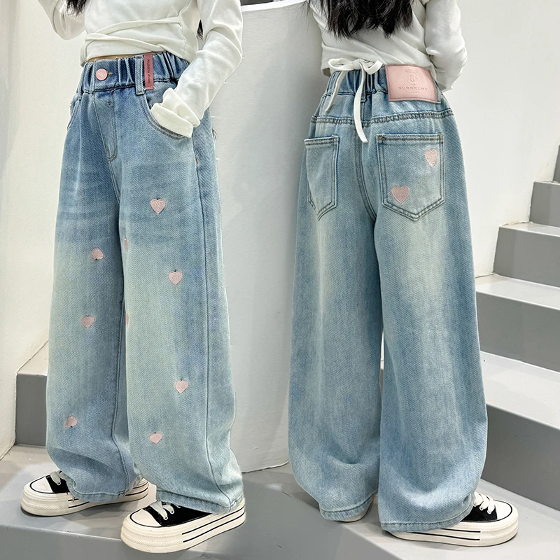 

Spring Autumn Children Loose Straight Jeans with Heart Embroidery for Teenage Girls Casual Denim Pants Kids Elegant Trousers