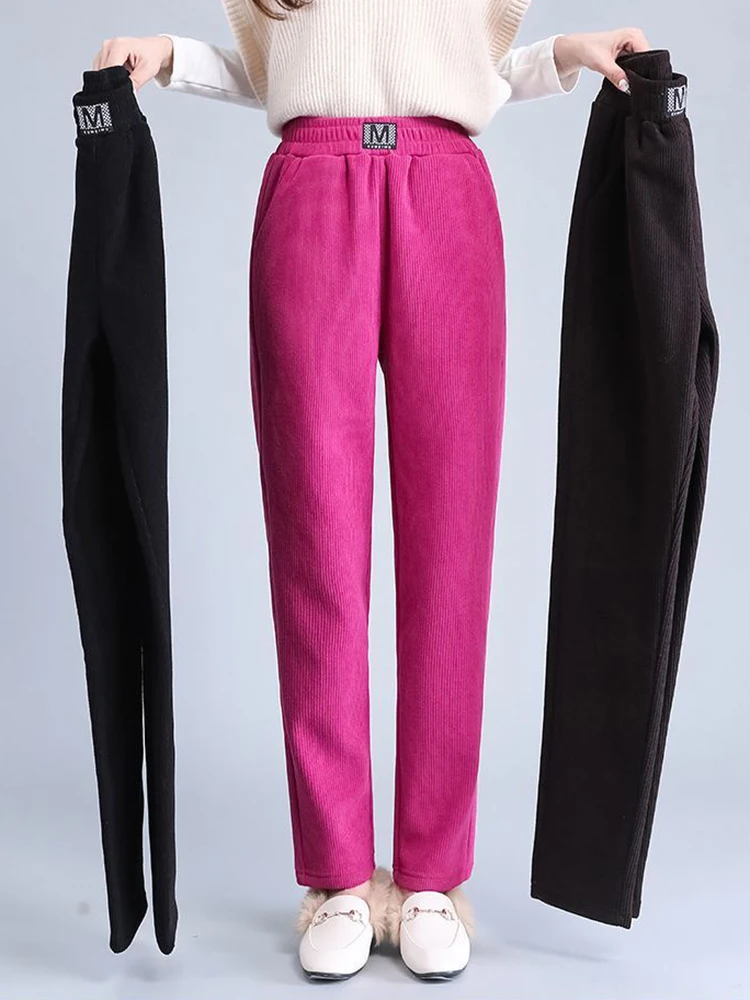 Pantalon en velours côtelé doublé de velours en peluche pour femme, pantalon de survêtement chaud, taille haute, longueur de rinçage, épais,