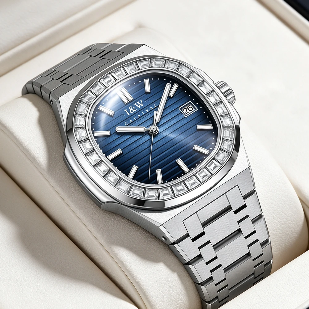 IW Luxury Men Mechanical Watch Blue Striped Dial Diamond Bezel Date Stainless Steel Automatic Business Wrist Watch MIYOTA Move