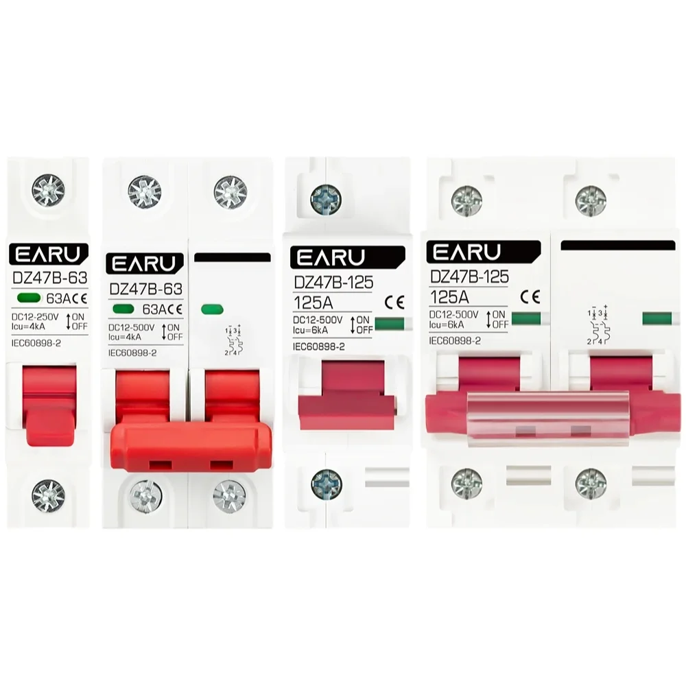 Wyłącznik prądowy EARU 1/2P DC MCB 12V 24V 48V 72V, zabezpieczenie akumulatora samochodowego, wyłącznik ochronny DZ47 DC, przełącznik ochrony biegunów dodatniego i ujemnego, izolator. — Zdjęcie 2 z 2