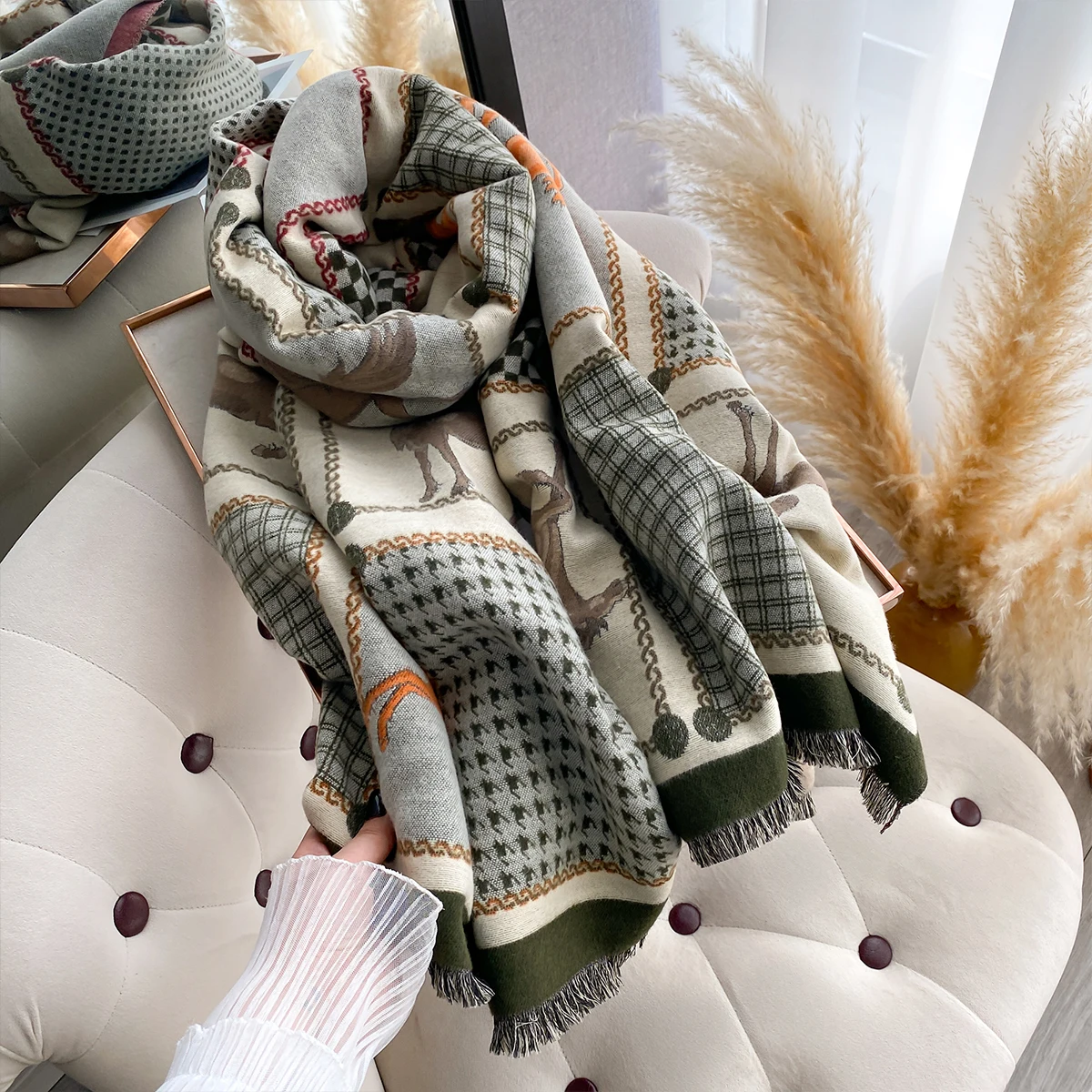 Neue Luxus Marke Zweiseitige Jacquard Schal Kaschmir Weiche Warme Fringe Pashmina Das Pferd Schal Winter Kältebeständig Winddicht Decke – Detail 18
