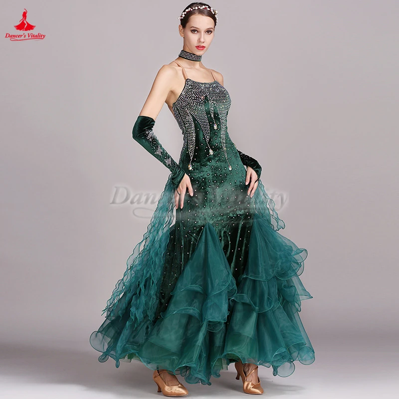 Waltz Foxtrot Tango Quickstep Professional Modern Big Swing Dresses with Necklace Ballroom Dance Performance Competitions Clothe