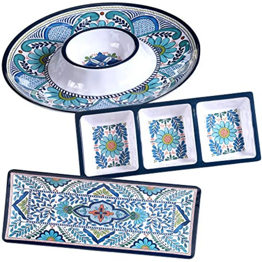 

Talavera 3-Piece Melamine Hostess Serveware Set Chip and Dip Server 3-Section Relish Tray and 19" Rectangular Platter Colorful