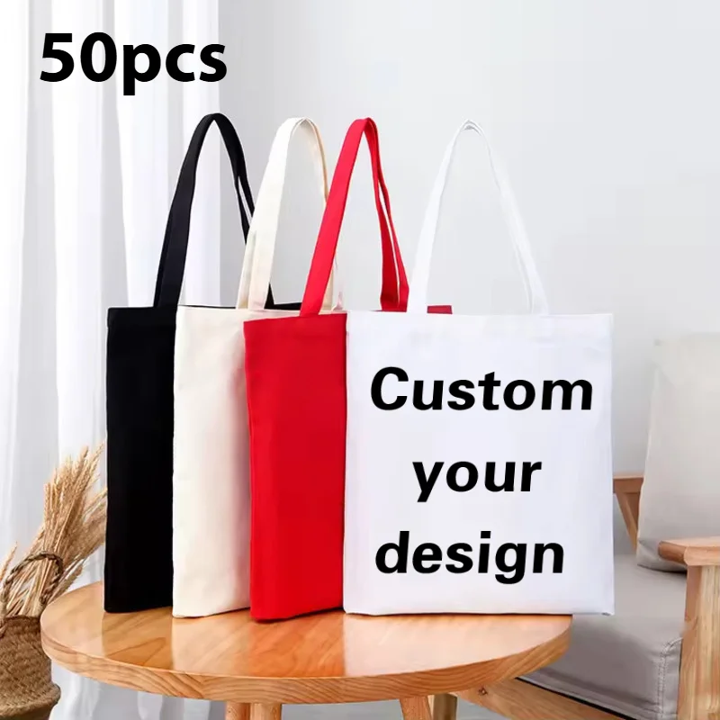 

50 шт., оптовая продажа, индивидуальный логотип, хлопковая парусиновая сумка для покупок, сумка для покупок с ручкой, персонализированная сумка на одно плечо