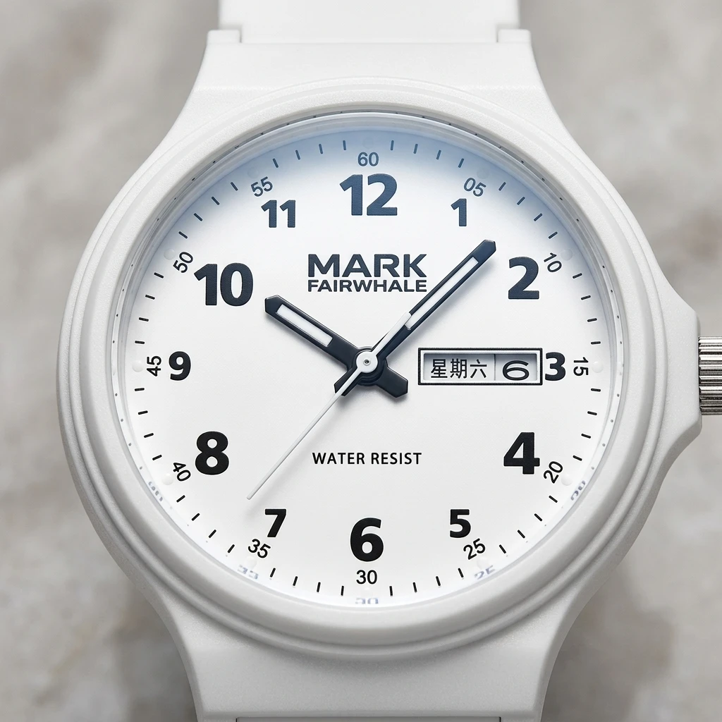 Mark Fairwhale Men Quartz Wristwatch Day Date Display Large Numerals Resin Strap Waterproof Casual Watch Reloj Hombre