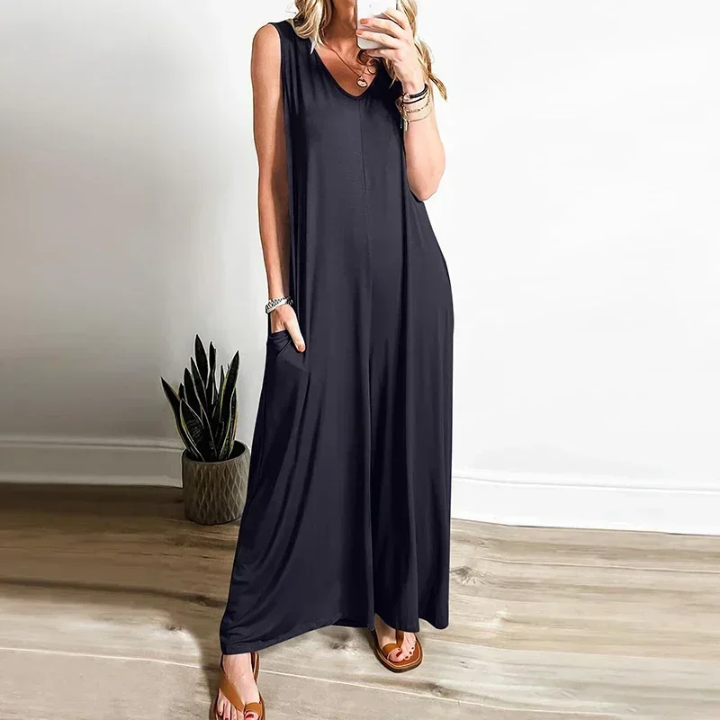 

Ladys Summer New Long Pants Jumpsuit Casual V Neck Sleeveless Pocket Loose Rompers Fashion Solid Jumpsuits For Women