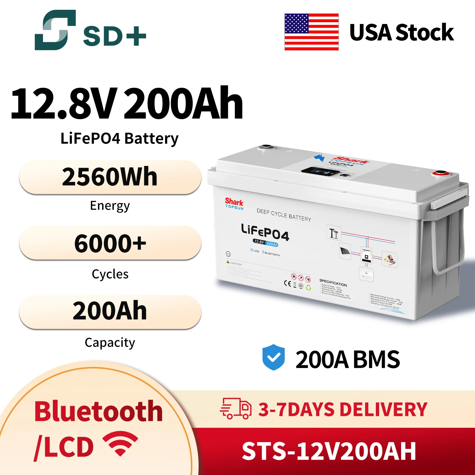 

Аккумулятор SANDISOLAR 12V 200Ah LifePo4, 6000+ циклов, 2560Wh, BMS 200Ah, для систем хранения солнечной энергии, склад в США