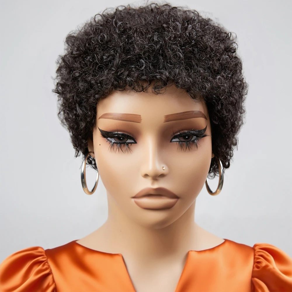 Pixie Cut Bob Perücke Afro Lockig Jerry Curly Kurz Machine Made 100% Echthaar Brasilianisch Natur Schwarz Versand aus FR Lager für Frauen – Detail 2