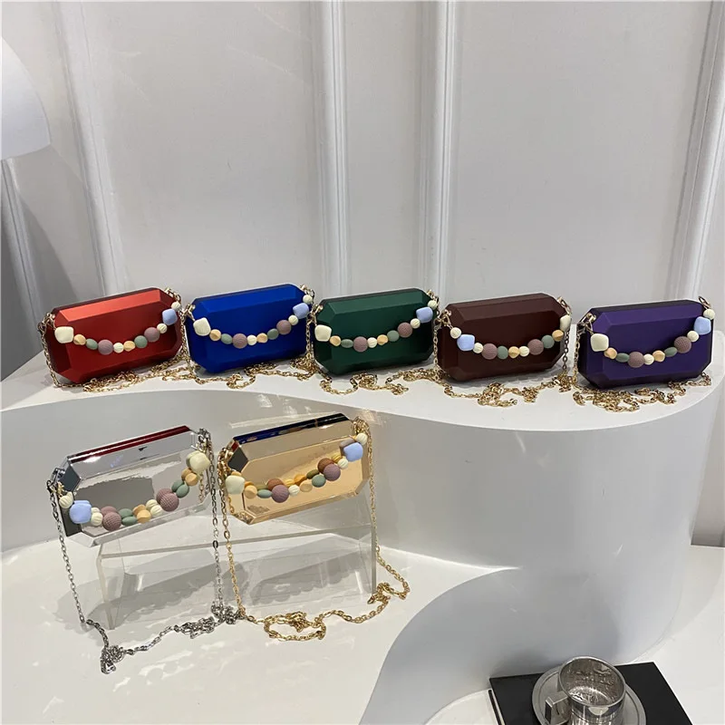 

New Box Bag Fashionable Chain Beaded Handbag, Fashionable Luxury Design Single Shoulder Crossbody Mirror Mobile Phone Bag