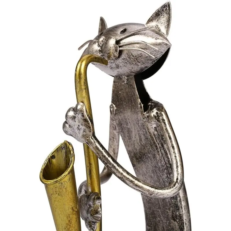 Металлическая скульптура кошки, играющей на саксофоне, AB41-A, ручная работа, забавный дизайн, декоративные подарки, украшения для рабочего стола.
