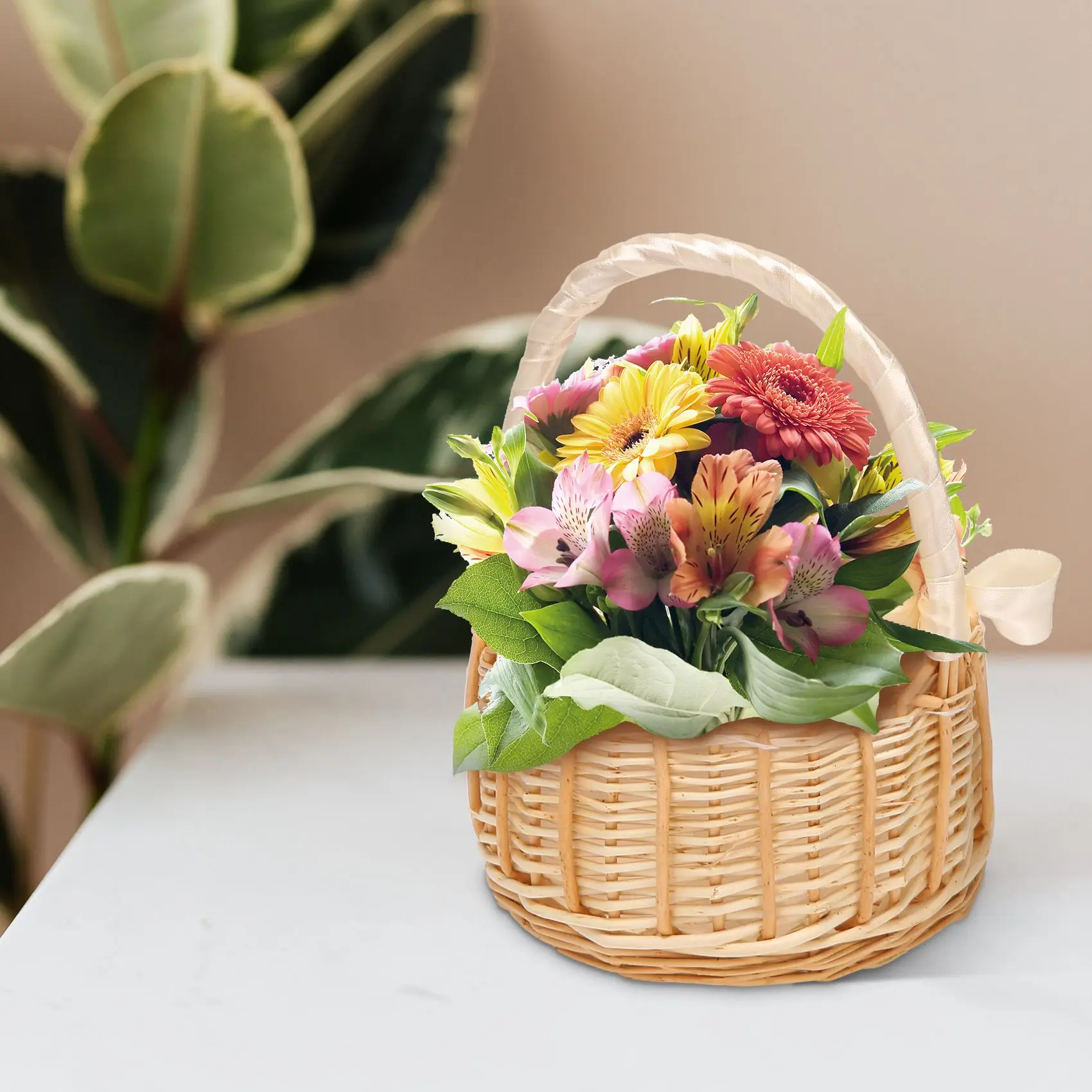 Woven Flower Basket Rattan Storage Basket Flower Girl Hand Basket Handmade Flower Basket with Bow, L