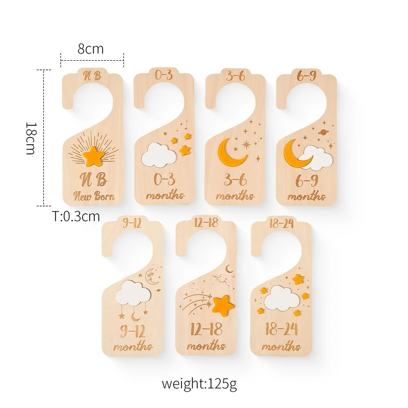 Wooden Baby Wardrobe Divider Label 7-Piece Set Newborn 24 Months Wardrobe Clothes Size Organizer Nursery Baby Hanger Dividers