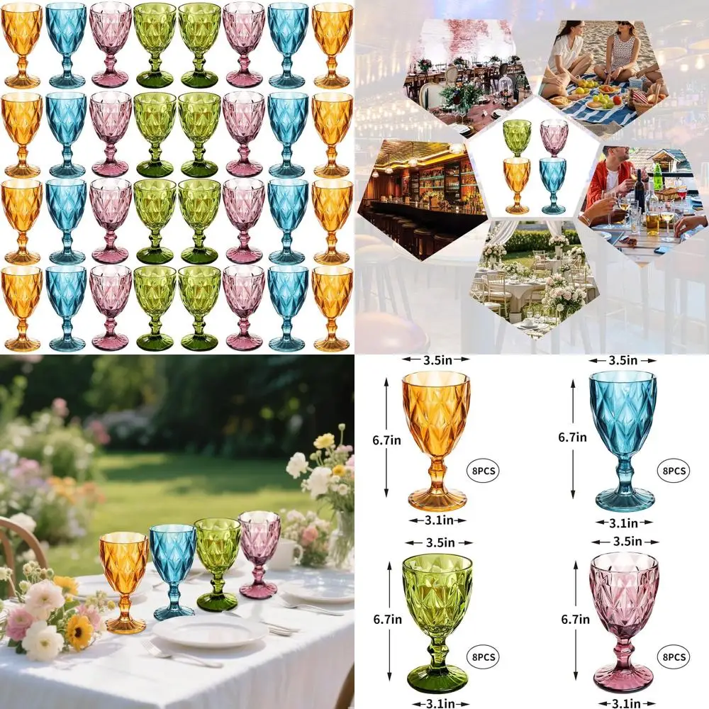 

Set of 32 Reusable Plastic Wine Glasses, 12 Oz Colored Stemmed Cups with Embossed Design, Unbreakable for Weddings and Parties