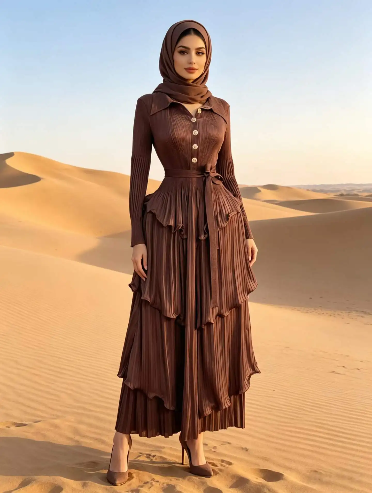 

Платье EGRM с пуговицами и декоративными элементами, плиссированное, с утяжкой на талии, рукавами-фонариками, длинная юбка, новинка 2026 года, повседневное женское платье 5G1719