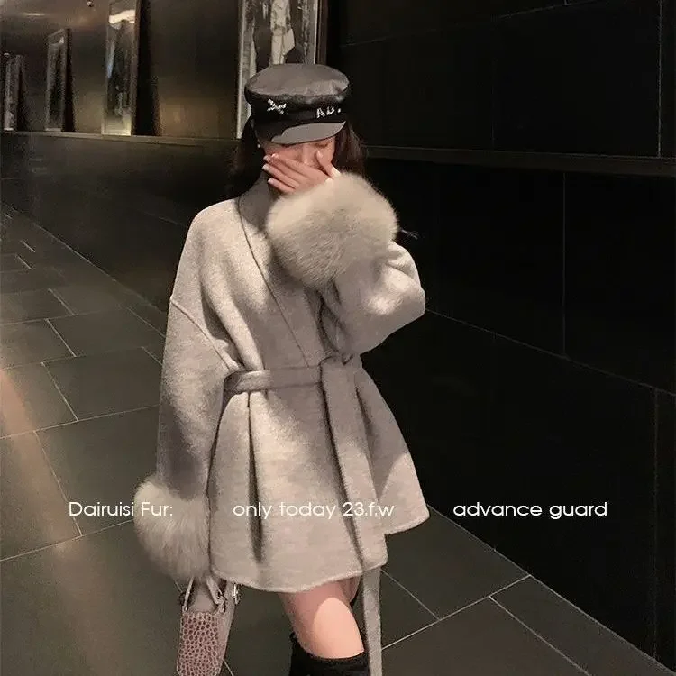 High-end double-sided wool belt coat cuffs fox woolen coat women's 2024 autumn and winter new models Free delivery