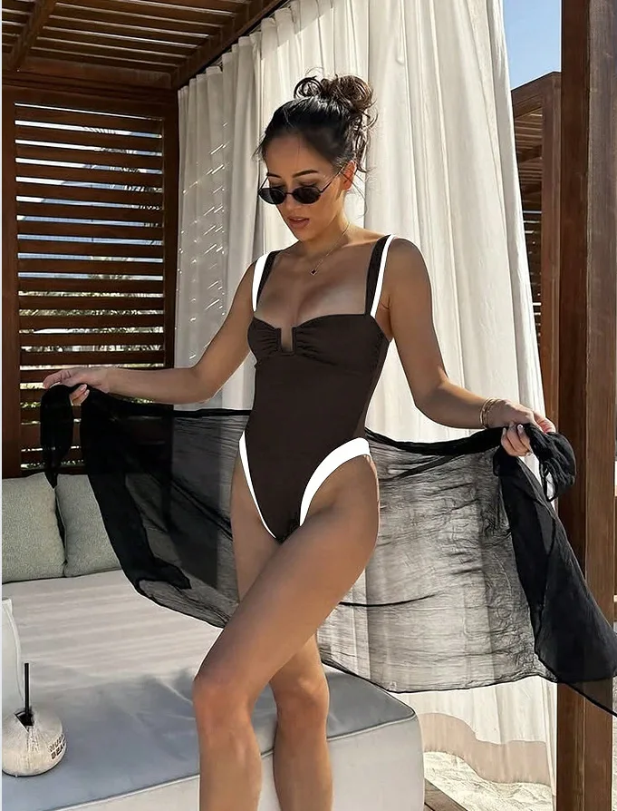 New Sexy Splicing One Piece Swimsuit Women High Cut Beach Swimwear Patchwork Cut Out Monokini High Waisted Bathing Suit Bather