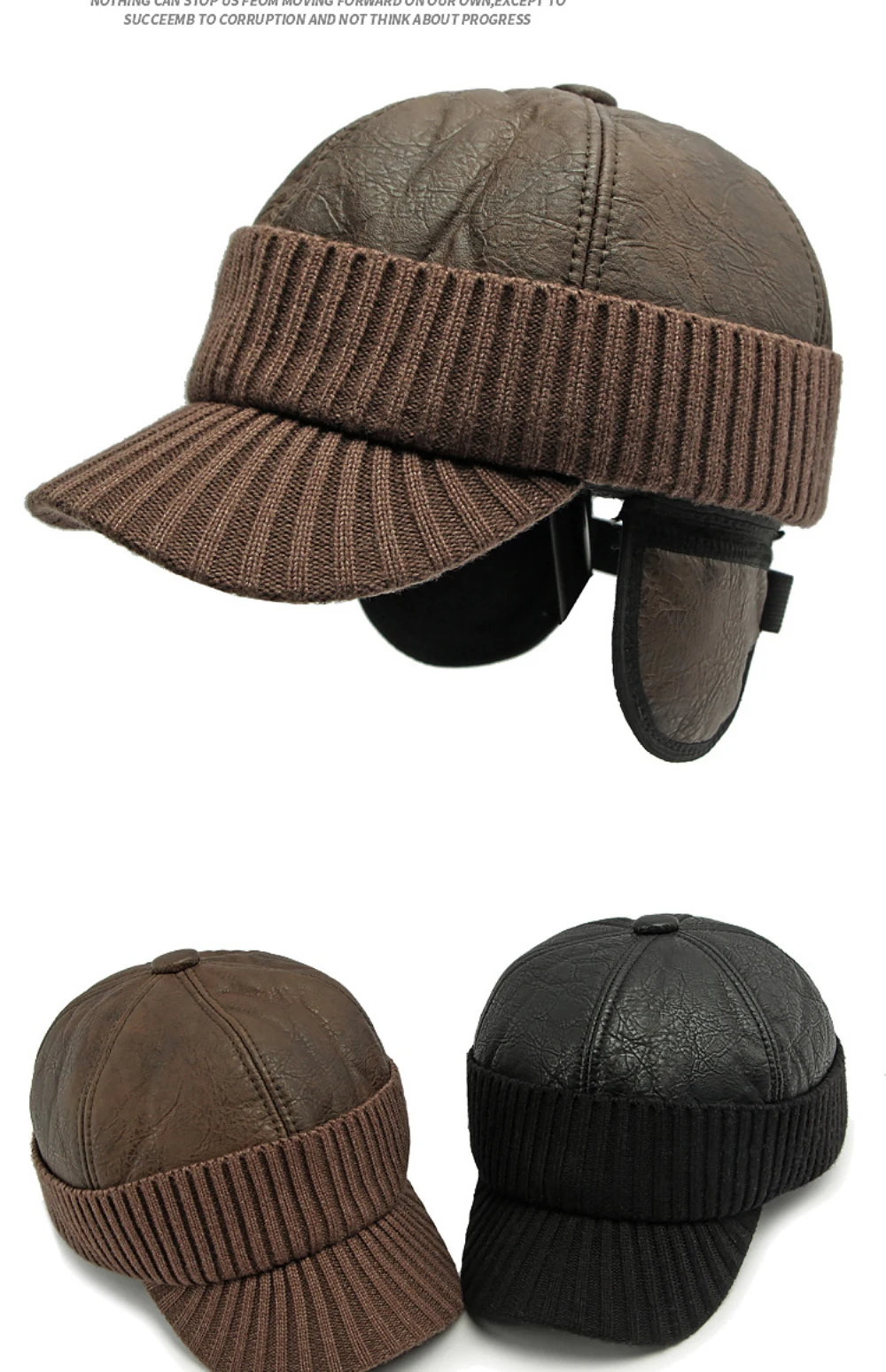 HT4542 Hohe Qualität PU Leder Kappe Dicke Warme Winter Baseball Kappe Männer Baseball Hüte Snapback Earflap Cap Papa Hüte mit Ohrenklappe – Detail 2