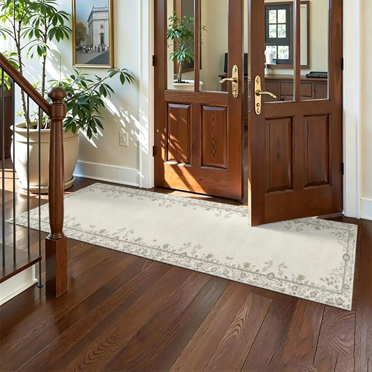 1Pc 2D Printed Long Strip Runner Carpet: Beige Floral Border, Nordic/Instagram/Modern Minimalist/European Style, Machine Washable, Multi-Size, Ideal for Entryway, Hallway, Living Room, Bedroom Home Decor