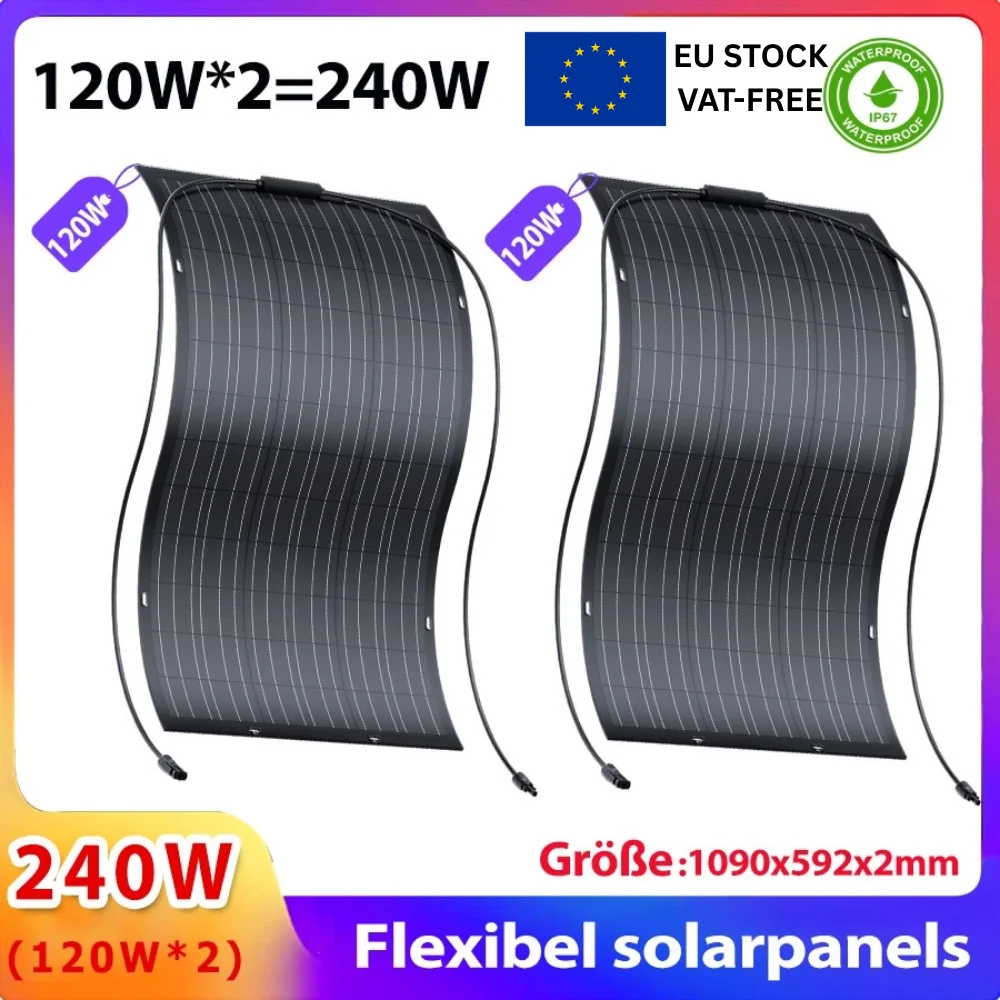 2 × 120 W flexibles Solarmodul-Set 240 W, nachtmonokristalline Platten für Wohnmobil, Boot, Camping