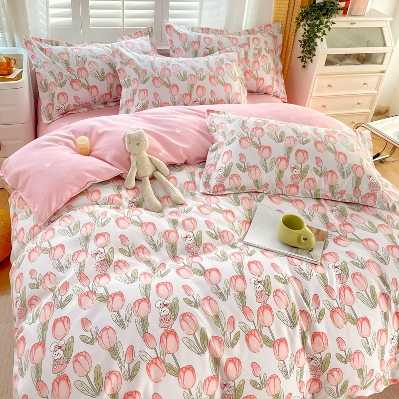 Pink Tulips Floral Duvet Cover Botanical Bedding Sets for Girls Women Soft Breathable Garden Style Flower 3 Pcs Comforter Covers