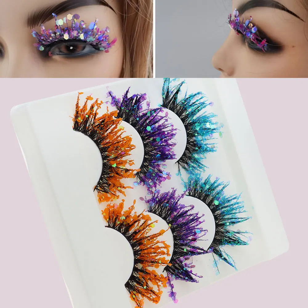 Unique Shining Colored Eyelashes Gold Pink Green Glitter Colorful False Eye Lashes Dramatic Halloween Party Rainbow Cilias