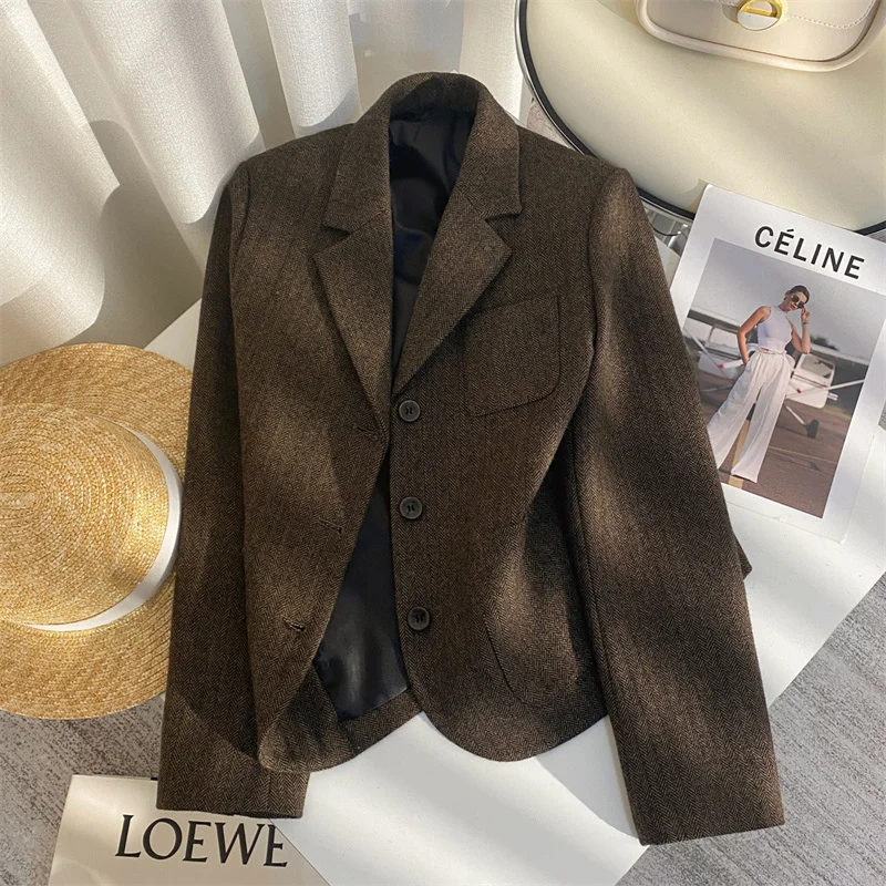 Brown Woolen Suit Jacket Woman Autumn 2024 High-Quality New Long Sleeve Casual All-match Temperament Blazer Coat Female Outwear