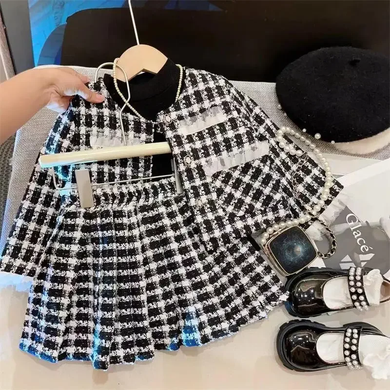 Spring and Autumn Girls Set Fashion Korean Style Children's Checkered Casual Coat Short Skirt Small Fragrant Style Two piece Set