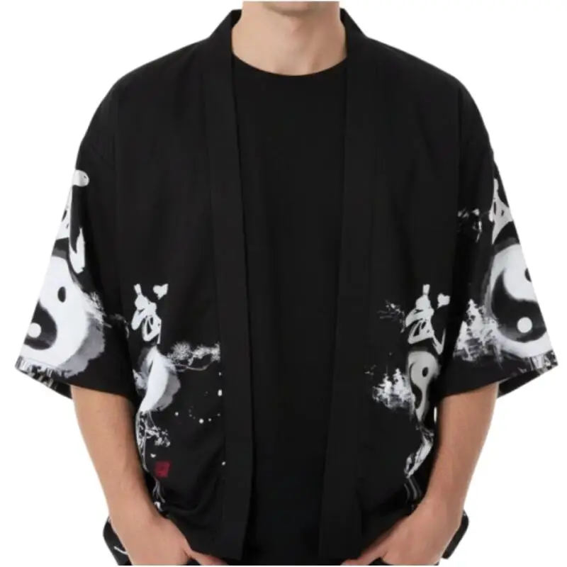 Men Japanese Kimono Black White Yin Yang Martial Arts Print Open Front Cardigan Traditional Kung Fu Pattern Casual Haori Yukata