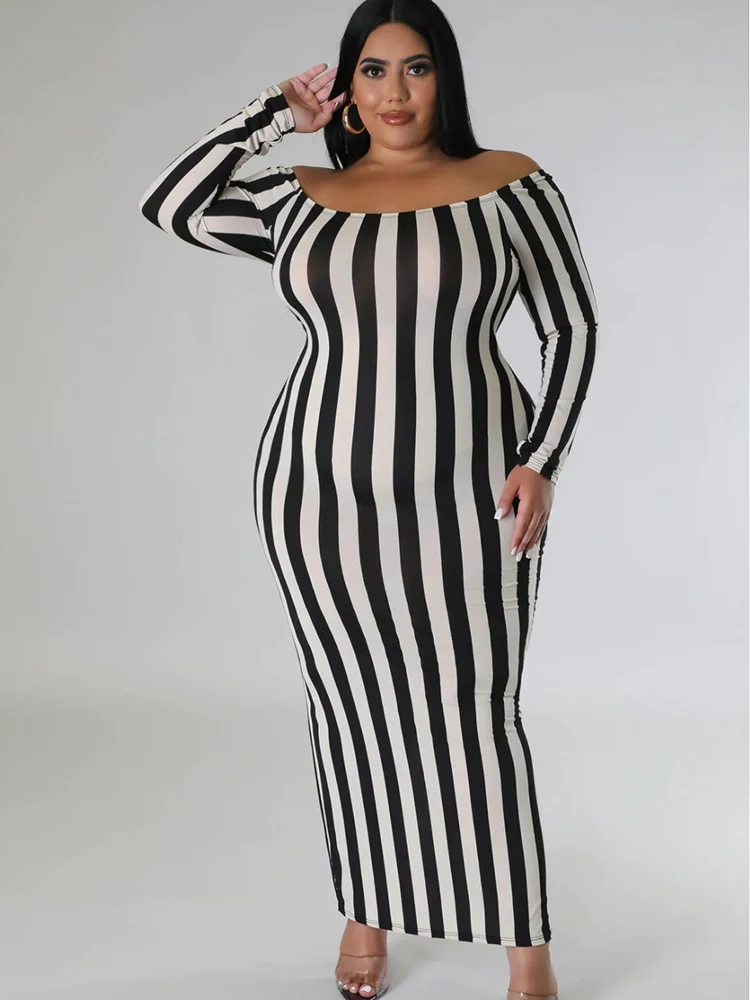 Cheap Women Plus Size Maxi Dresses 2023 New Summer Casual Elegant Off Shoulder Long Sleeve Print Stripe Bodycon Holiday Clothing
