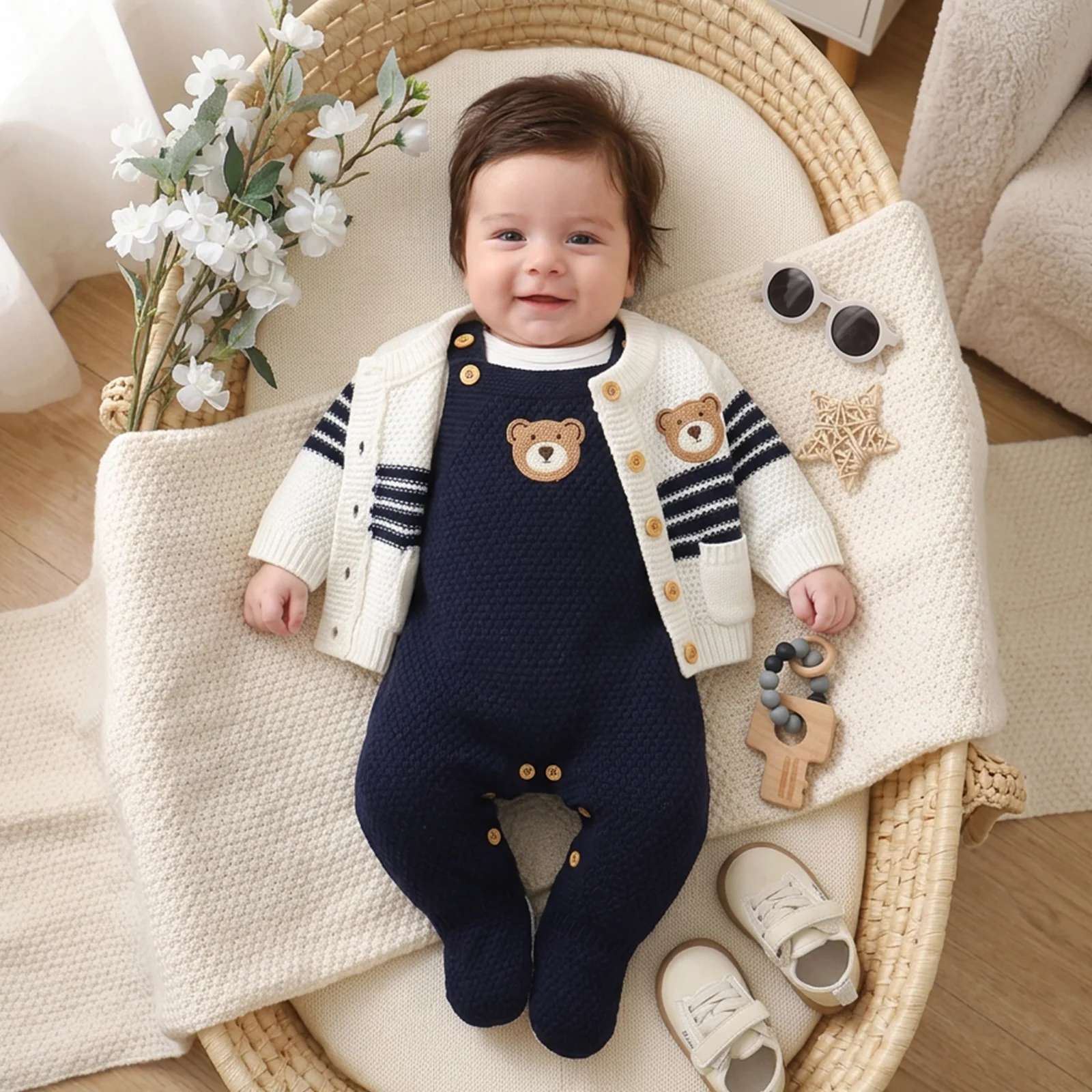 Baby Clothes Set Knit Infant Sweater Long Sleeve +Romper Foot Wrap Newborn Girl Boy Pullover Sling Jumpsuit 0-12M 2PCS Cute Bear