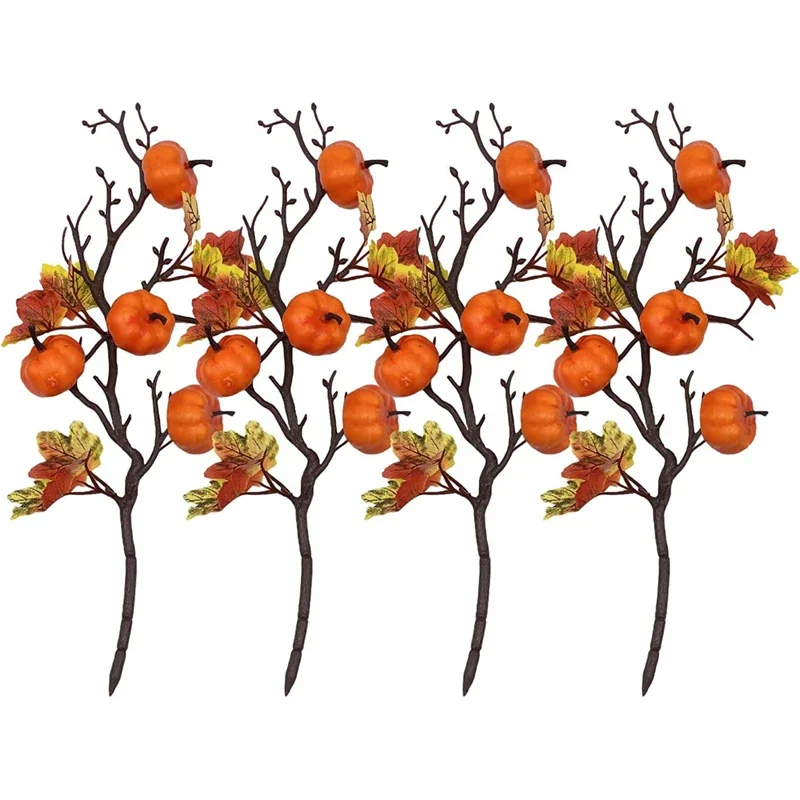 Artificial Pumpkin Branches Fake Maple Leaf Pumpkin Twig Stem Flower Floral Picks for Halloween Thanksgiving Festival Decor