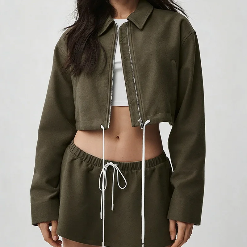 Women's Casual Suit Breathable Stand Up Collar Zipper Jacket Top Drooping Relaxed Waist Drawstring Short Skirt Sportswear