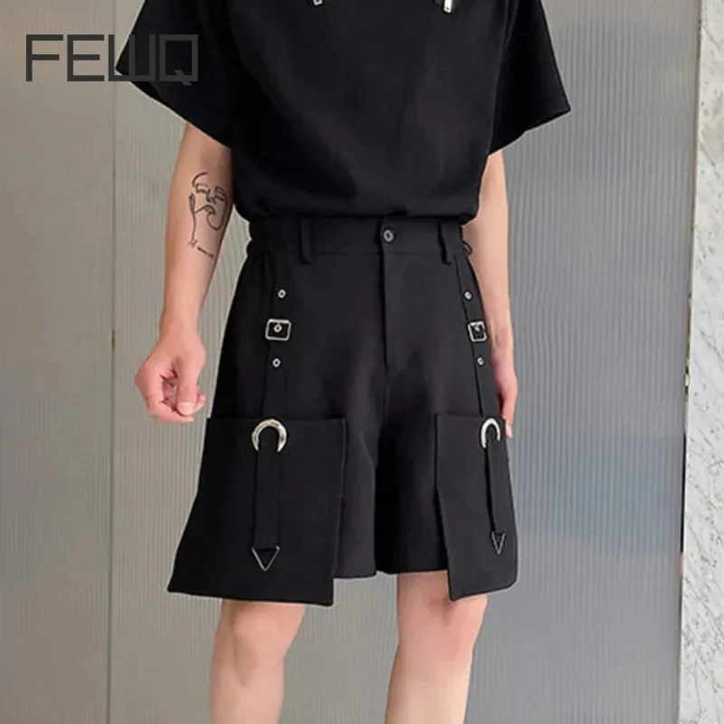 FEWQ Men's Cargo Pants High Waisted Shorts Summer New Casual Pocket Zipper Solid Color Loose 2024 Fashion Metal Ribbon 9C5355